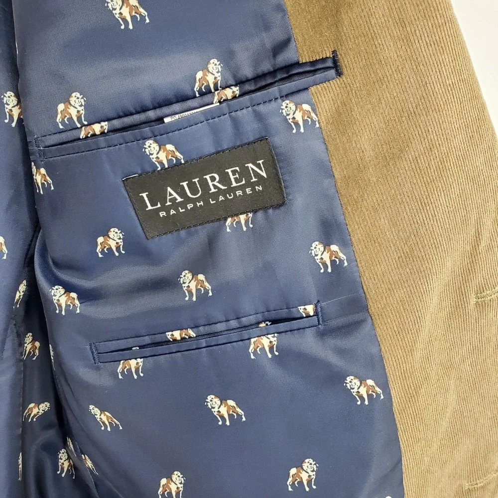 Lauren Ralph Lauren 44L Corduroy Blazer Tan Brown Elbow Patches‎ Bulldog Lining